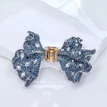 18K WHITE GOLD PLATED MOISSANITE BOW TIE BROOCH IN STERLING SILVER
