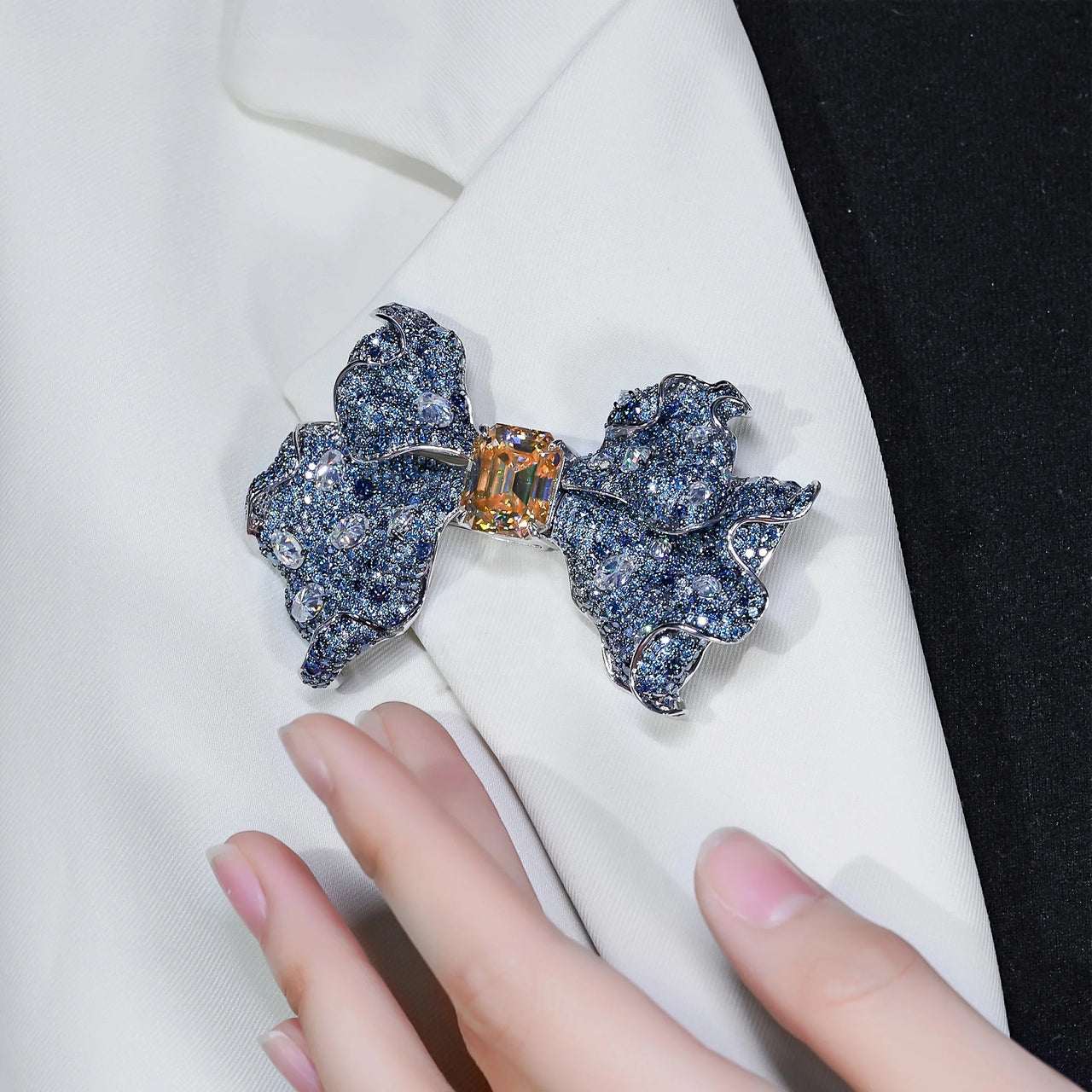 18K WHITE GOLD PLATED MOISSANITE BOW TIE BROOCH IN STERLING SILVER