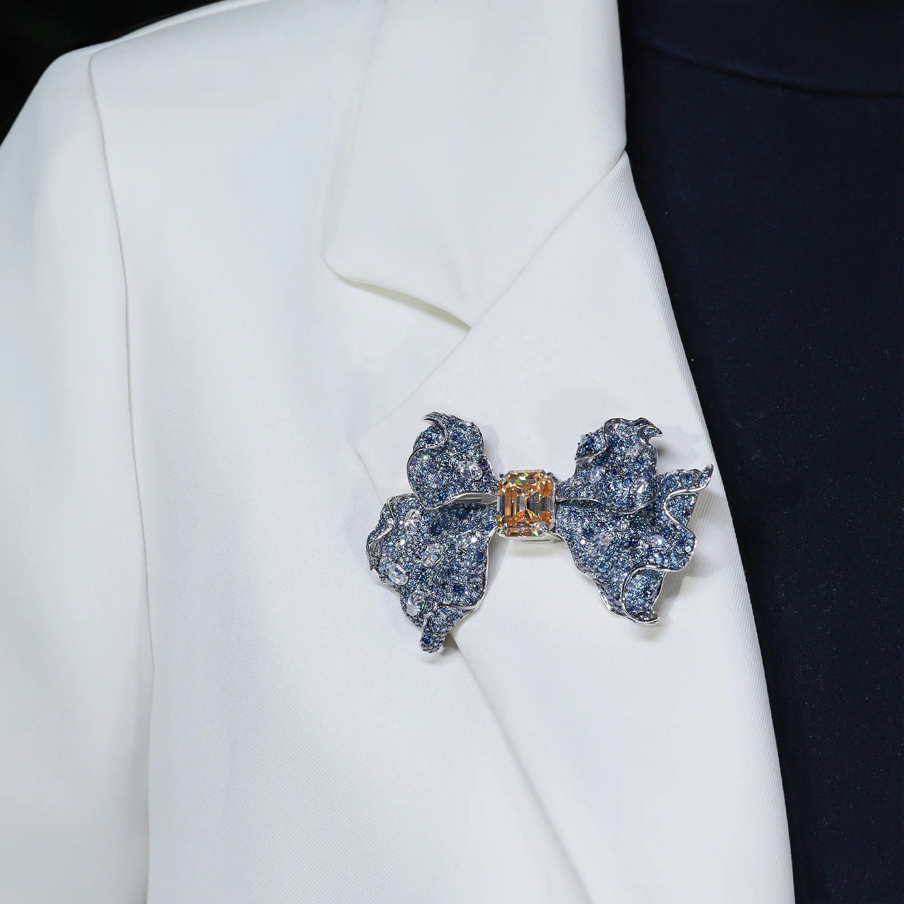 18K WHITE GOLD PLATED MOISSANITE BOW TIE BROOCH IN STERLING SILVER