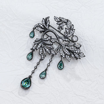 18K WHITE GOLD PLATED MOISSANITE EMERALD DEWFALL BROOCH IN STERLING SILVER