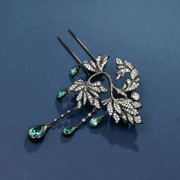 18K WHITE GOLD PLATED MOISSANITE EMERALD DEWFALL BROOCH IN STERLING SILVER