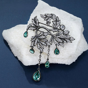 18K WHITE GOLD PLATED MOISSANITE EMERALD DEWFALL BROOCH IN STERLING SILVER