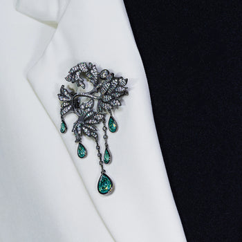 18K WHITE GOLD PLATED MOISSANITE EMERALD DEWFALL BROOCH IN STERLING SILVER