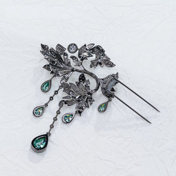 18K WHITE GOLD PLATED MOISSANITE EMERALD DEWFALL BROOCH IN STERLING SILVER