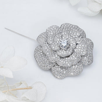 18K WHITE GOLD PLATED MOISSANITE ETERNAL BLOOM FLOWER BROOCH IN STERLING SILVER