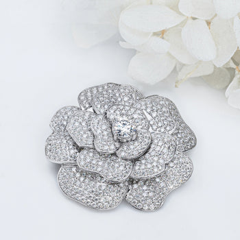 18K WHITE GOLD PLATED MOISSANITE ETERNAL BLOOM FLOWER BROOCH IN STERLING SILVER