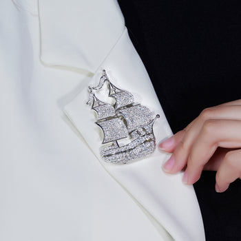 18K WHITE GOLD PLATED SAILING SERENITY BROOCH IN STERLING SILVER