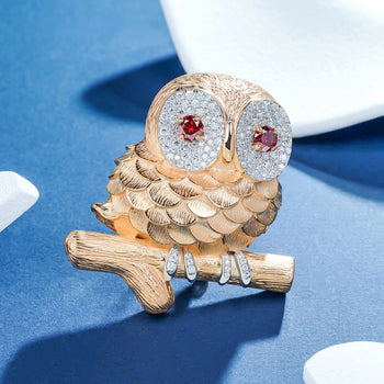 18K GOLD PLATED MOISSANITE CRIMSON GAZE OWL BROOCH IN STERLING SILVER