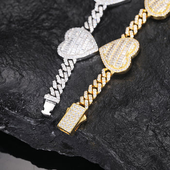 Bracelet cubain en argent sterling avec moissanite baguette en forme de cœur de 18 mm