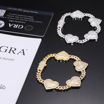 Bracelet cubain en argent sterling avec moissanite baguette en forme de cœur de 18 mm