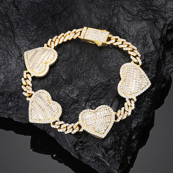 Bracelet cubain en argent sterling avec moissanite baguette en forme de cœur de 18 mm