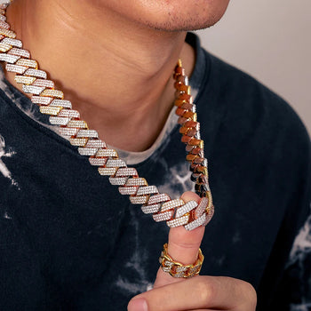 19-20MM 3 TONE MOISSANITE CUBAN LINK NECKLACE/BRACELET IN STERLING SILVER