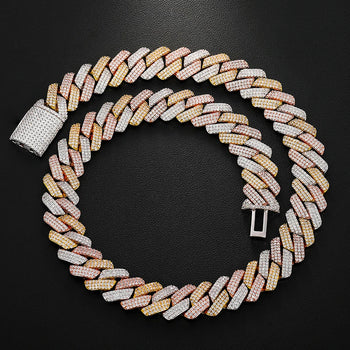 19-20MM 3 TONE MOISSANITE CUBAN LINK NECKLACE/BRACELET IN STERLING SILVER