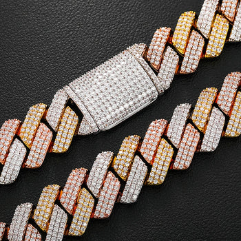 19-20MM 3 TONE MOISSANITE CUBAN LINK NECKLACE/BRACELET IN STERLING SILVER