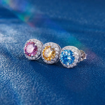 1CT COLORFUL MOISSANITE HALO EAR STUD EARRINGS IN STERLING SILVER - IVORY & EBONY