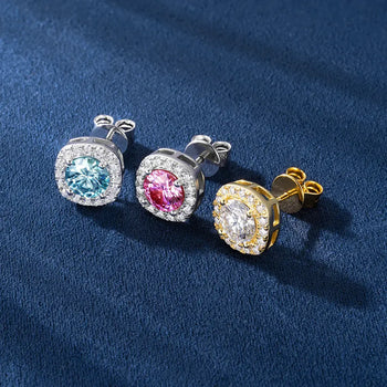 1CT COLORFUL MOISSANITE HALO EAR STUD EARRINGS IN STERLING SILVER - IVORY & EBONY