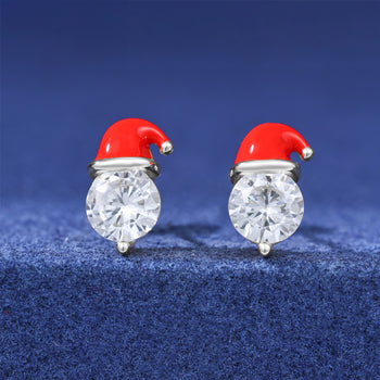 Boucles d'oreilles puces en forme de bonnet de Père Noël avec moissanite 1 carat et argent sterling