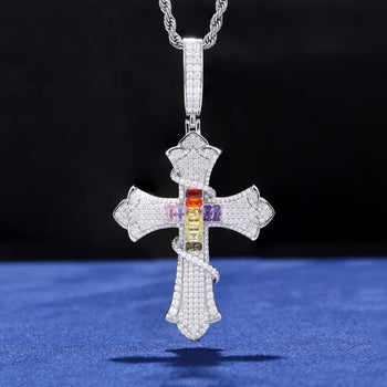 SERPENT OF SALVATION MULTICOLOR CZ MOISSANITE CROSS PENDANT IN STERLING SILVER