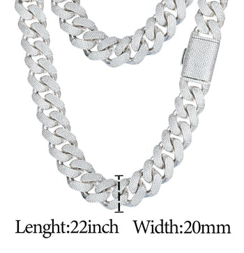 Silver chain necklace with moissanite gemstone, weight, length, and diamond color grade information displayed.