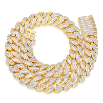 Halskette/Armband aus Sterlingsilber mit 20 mm Baguette-Moissanit-Blattanhänger im kubanischen Gliederketten-Stil