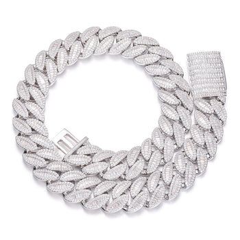 Halskette/Armband aus Sterlingsilber mit 20 mm Baguette-Moissanit-Blattanhänger im kubanischen Gliederketten-Stil