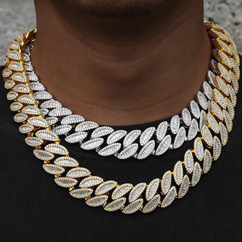 Halskette/Armband aus Sterlingsilber mit 20 mm Baguette-Moissanit-Blattanhänger im kubanischen Gliederketten-Stil