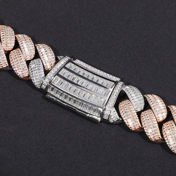 25MM TWO TONE BAGUETTE MOISSANITE CUBAN NECKLACE/BRACELET IN STERLING SILVER