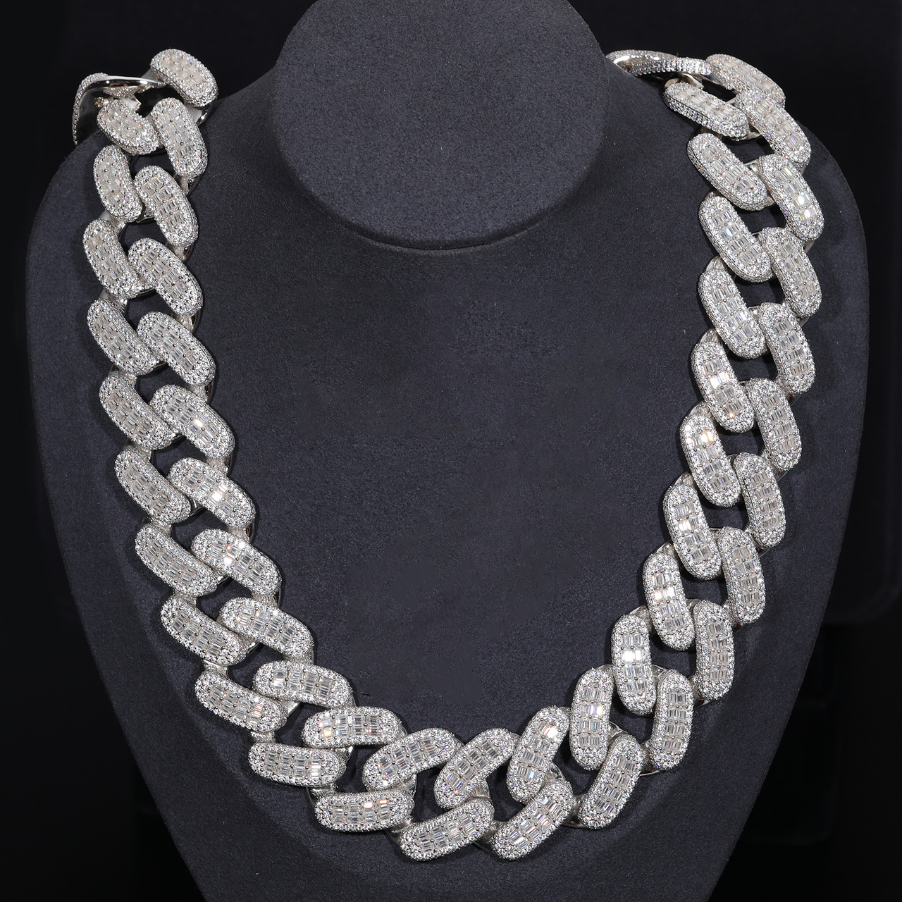 28MM 2 ROW MOISSANITE BAGUETTE CUBAN LINK NECKLACE/BRACELET IN STERLING SILVER