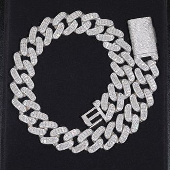 28MM 2 ROW MOISSANITE BAGUETTE CUBAN LINK NECKLACE/BRACELET IN STERLING SILVER