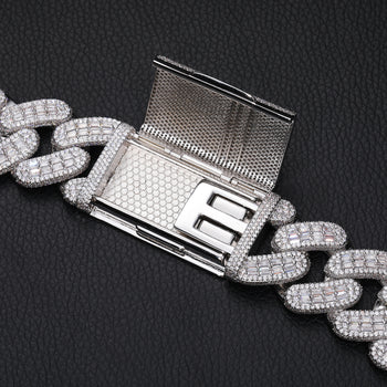 28 mm Baguette-Moissanit-Kette oder Armband im kubanischen Gliederketten-Design aus Sterlingsilber