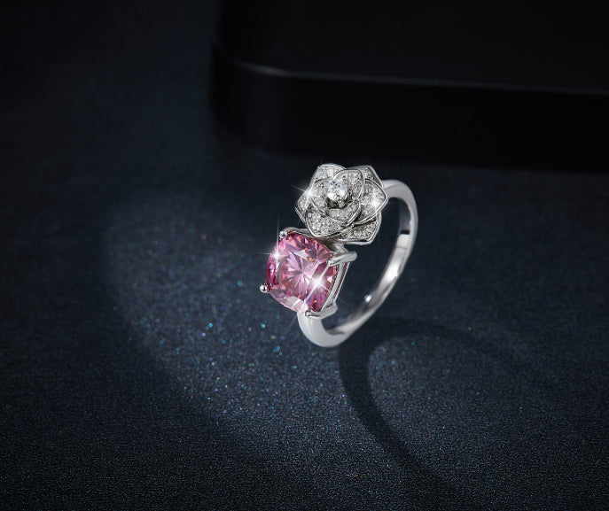 2CT PINK FLOWER MOISSANITE RING IN STERLING SILVER