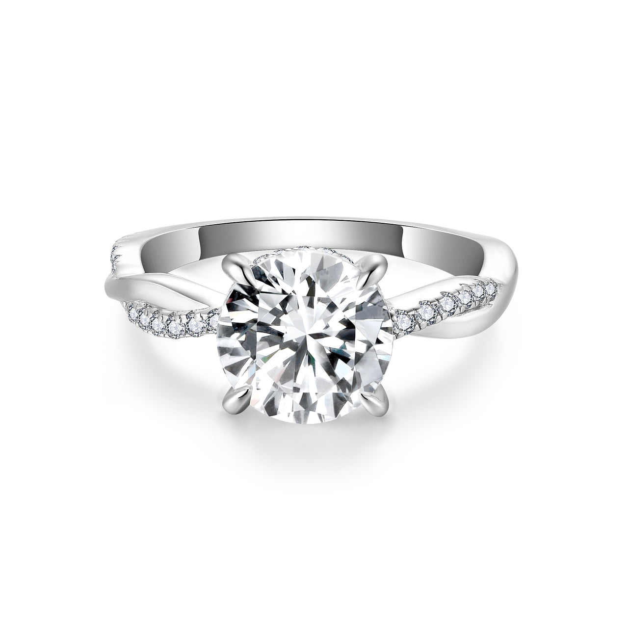 2CT TWISTED SHANK ROUND CUT MOISSANITE RING IN STERLING SILVER