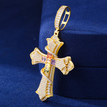 SERPENT OF SALVATION MULTICOLOR CZ MOISSANITE CROSS PENDANT IN STERLING SILVER