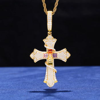 SERPENT OF SALVATION MULTICOLOR CZ MOISSANITE CROSS PENDANT IN STERLING SILVER