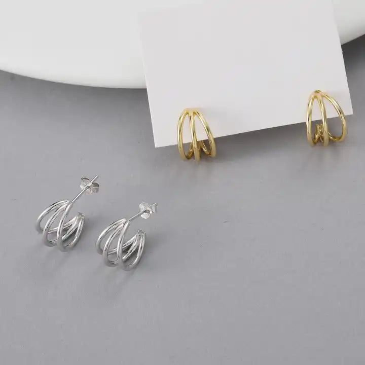 Intricately Designed Sterling Silver Tri-Loop Earrings for Refined Sophistication