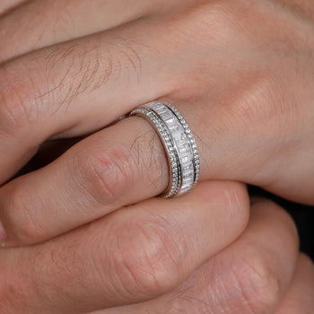 3 ROWS ROTATABLE BAGUETTE MOISSANITE DIAMOND BAND RING IN STERLING SILVER - IVORY & EBONY