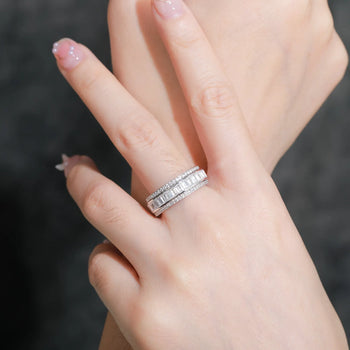 3 ROWS ROTATABLE BAGUETTE MOISSANITE DIAMOND BAND RING IN STERLING SILVER - IVORY & EBONY
