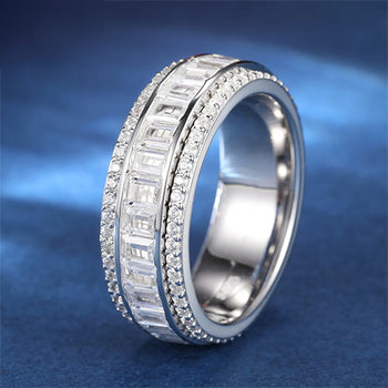 3 ROWS ROTATABLE BAGUETTE MOISSANITE DIAMOND BAND RING IN STERLING SILVER - IVORY & EBONY