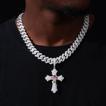 SERPENT OF SALVATION MULTICOLOR CZ MOISSANITE CROSS PENDANT IN STERLING SILVER