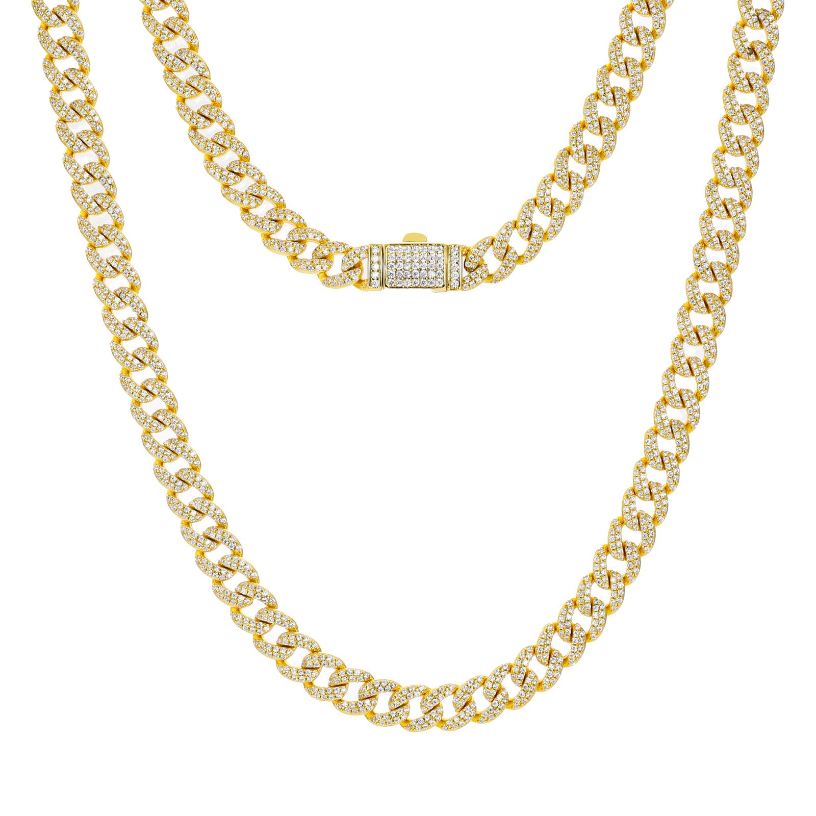 Gold chain necklace with diamond-like stones on a white background