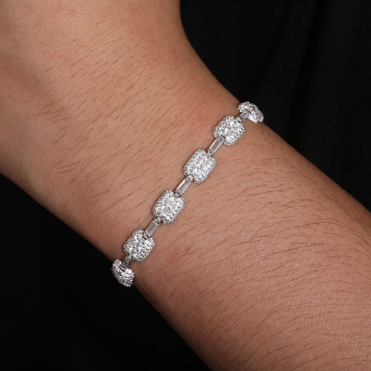 7MM BAGUETTE MOISSANITE MICRO PAVED TENNIS CHAIN BRACELET IN STERLING SILVER