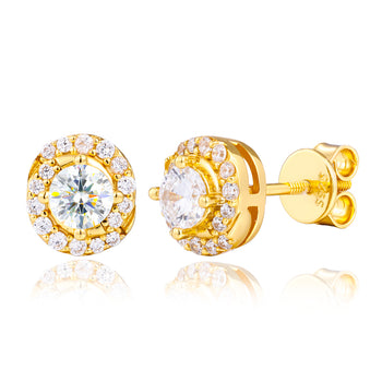 Gold stud earrings with clear gemstones on a white background
