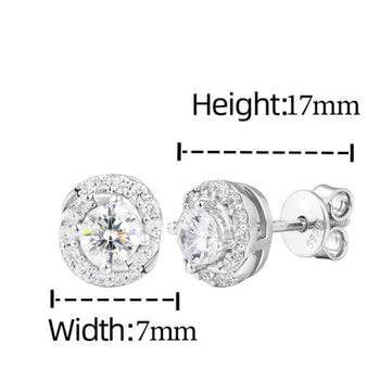 Product details of silver earrings with moissanite stones, including weight, size, material, and certification.