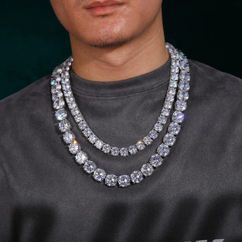 8mm-15mm CLASSIC MOISSANITE DIAMOND TENNIS CHAIN NECKLACE OR BRACELET IN STERLING SILVER - IVORY & EBONY