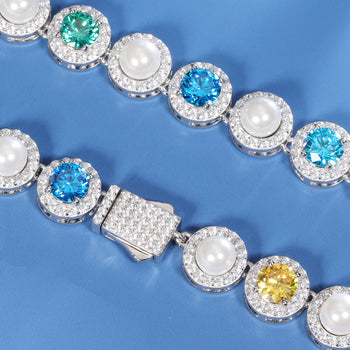 9.5MM COLORED MOISSANITE PEARL TENNIS CHAIN IN STERLING SILVER