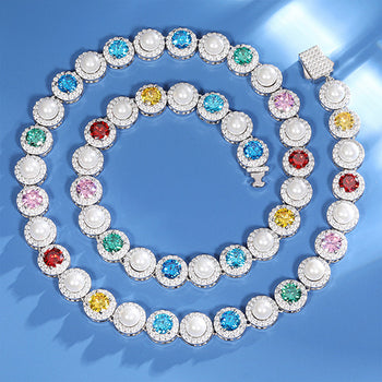 9.5MM COLORED MOISSANITE PEARL TENNIS CHAIN IN STERLING SILVER