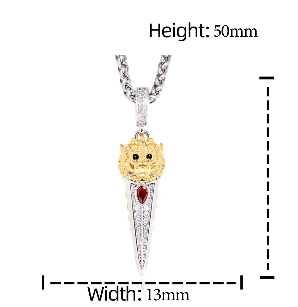 Gold and silver ice cream cone pendant with measurements on a white background