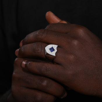 ASSCHER CUT MOISSANITE GUARD SHIELD SIGNET RING IN STERLING SILVER