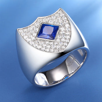 ASSCHER CUT MOISSANITE GUARD SHIELD SIGNET RING IN STERLING SILVER