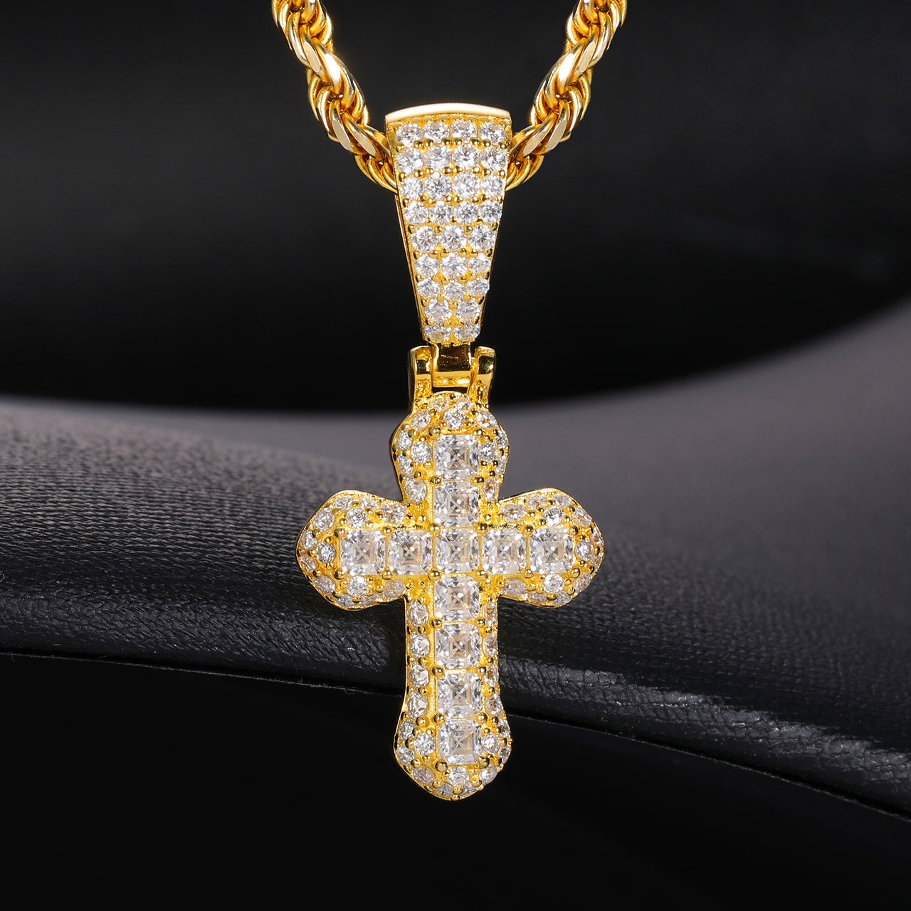 ASSCHER CUT MOISSANITE DIAMOND ICED OUT CROSS PENDANT IN STERLING SILVER